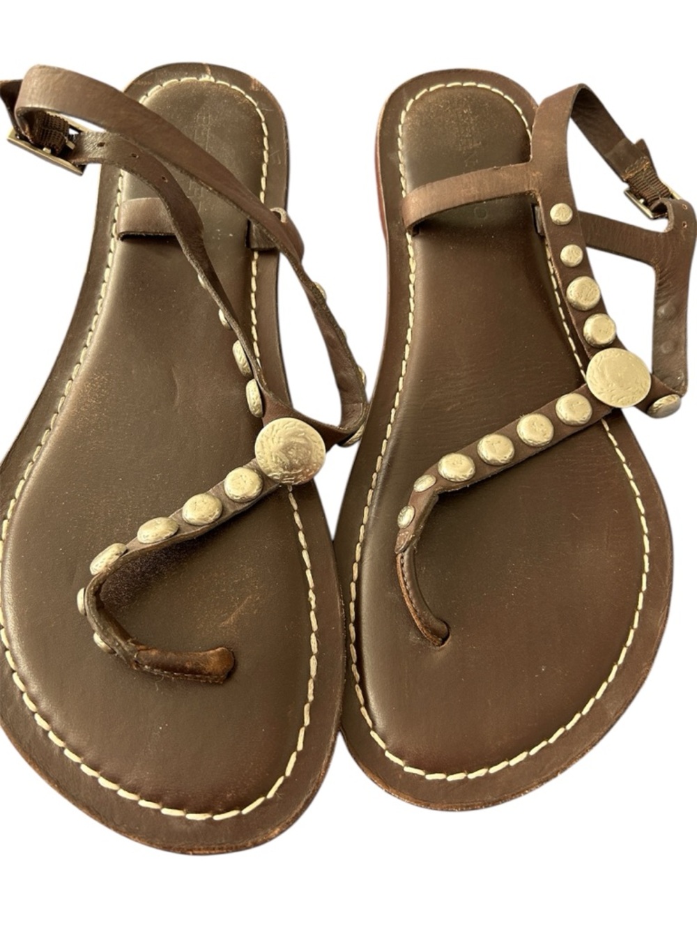 Bernardo Brown Studded Leather T-Strap Sandals with silver disc - Women